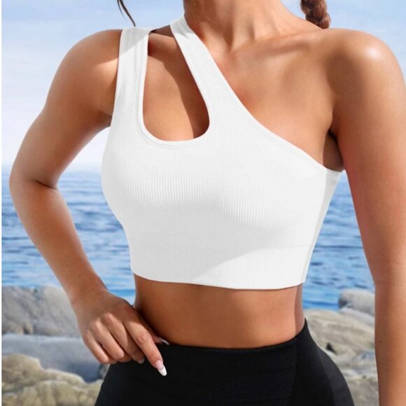 One Shoulder Cut Out Crop Sports Bra athleisure active white - Picture 5 of 5